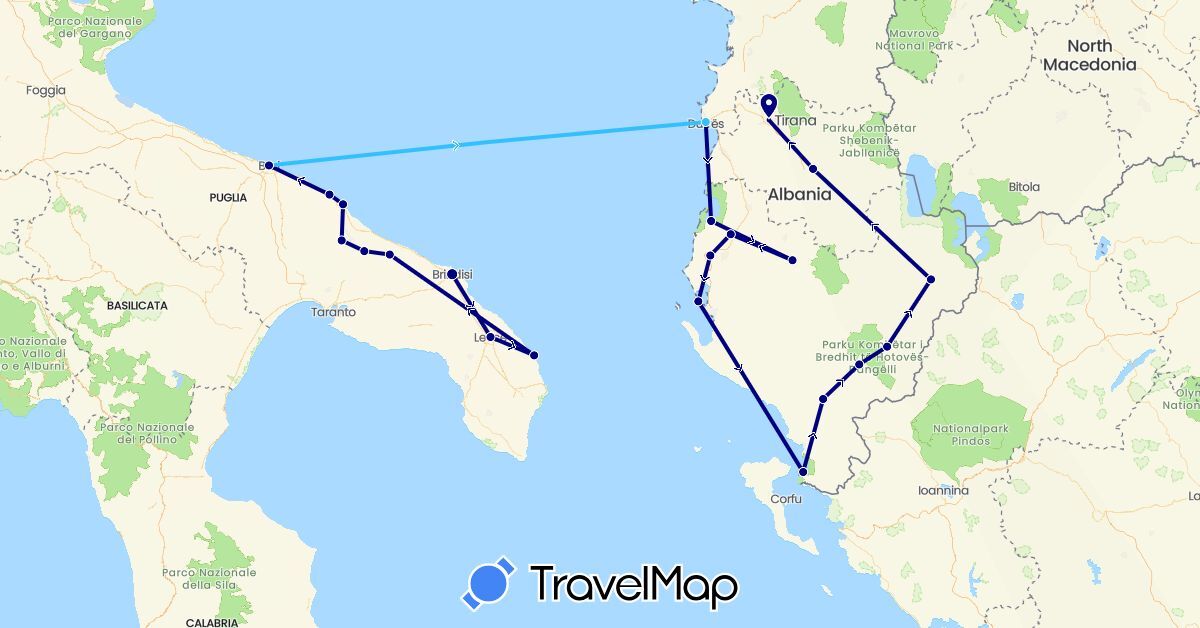 TravelMap itinerary: driving, boat in Albania, Italy (Europe)